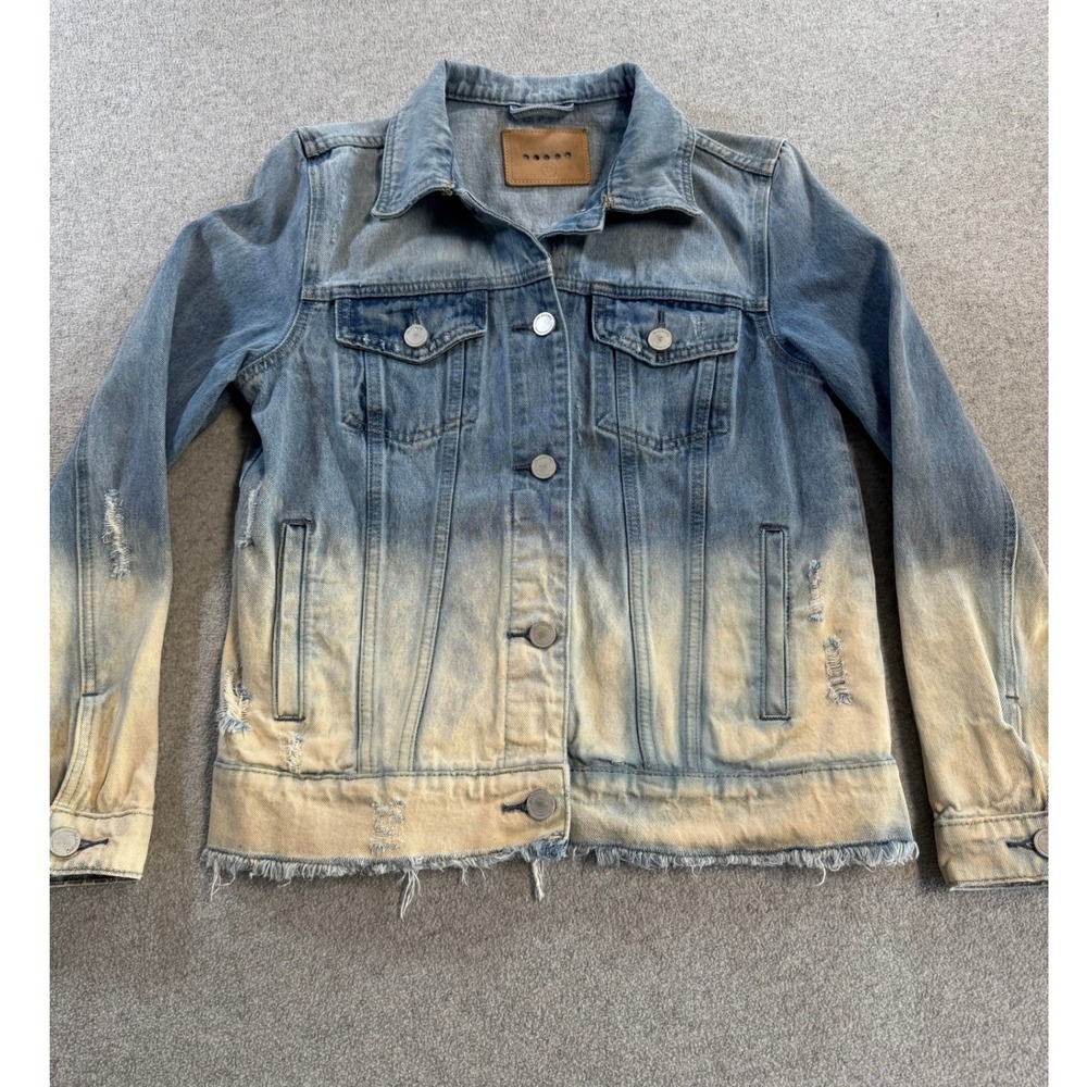 BLANKNYC Denim Jacket Women XS Blue Yellow Good Distressed Ombre‎ Frayed Hem